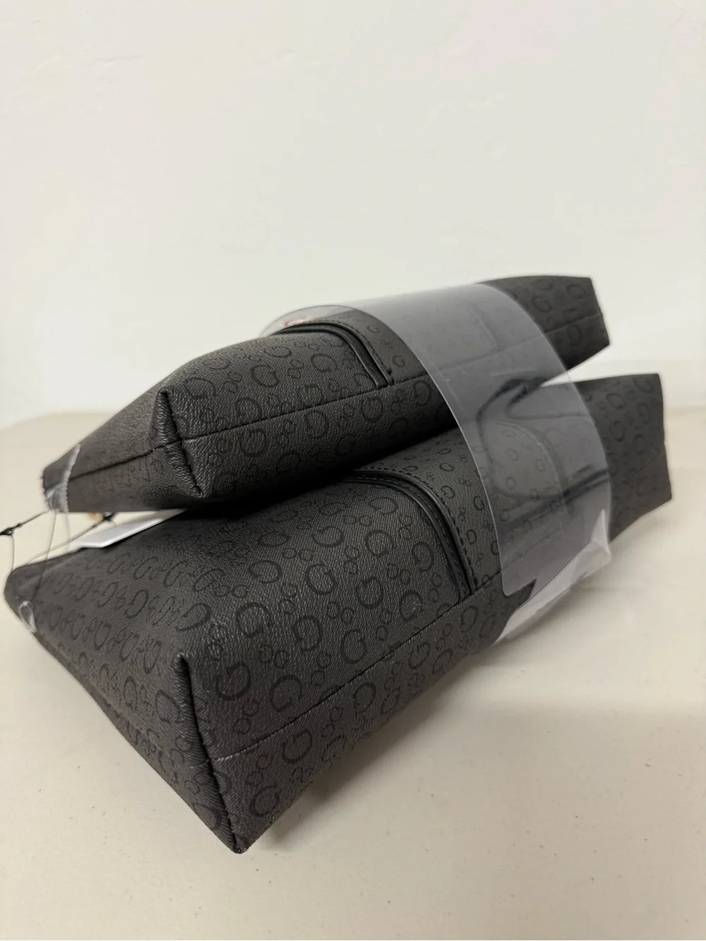 Guess Embossed Cosmetic Pouch Bag 2 pcs Set Full Zipper Black With Print logo
